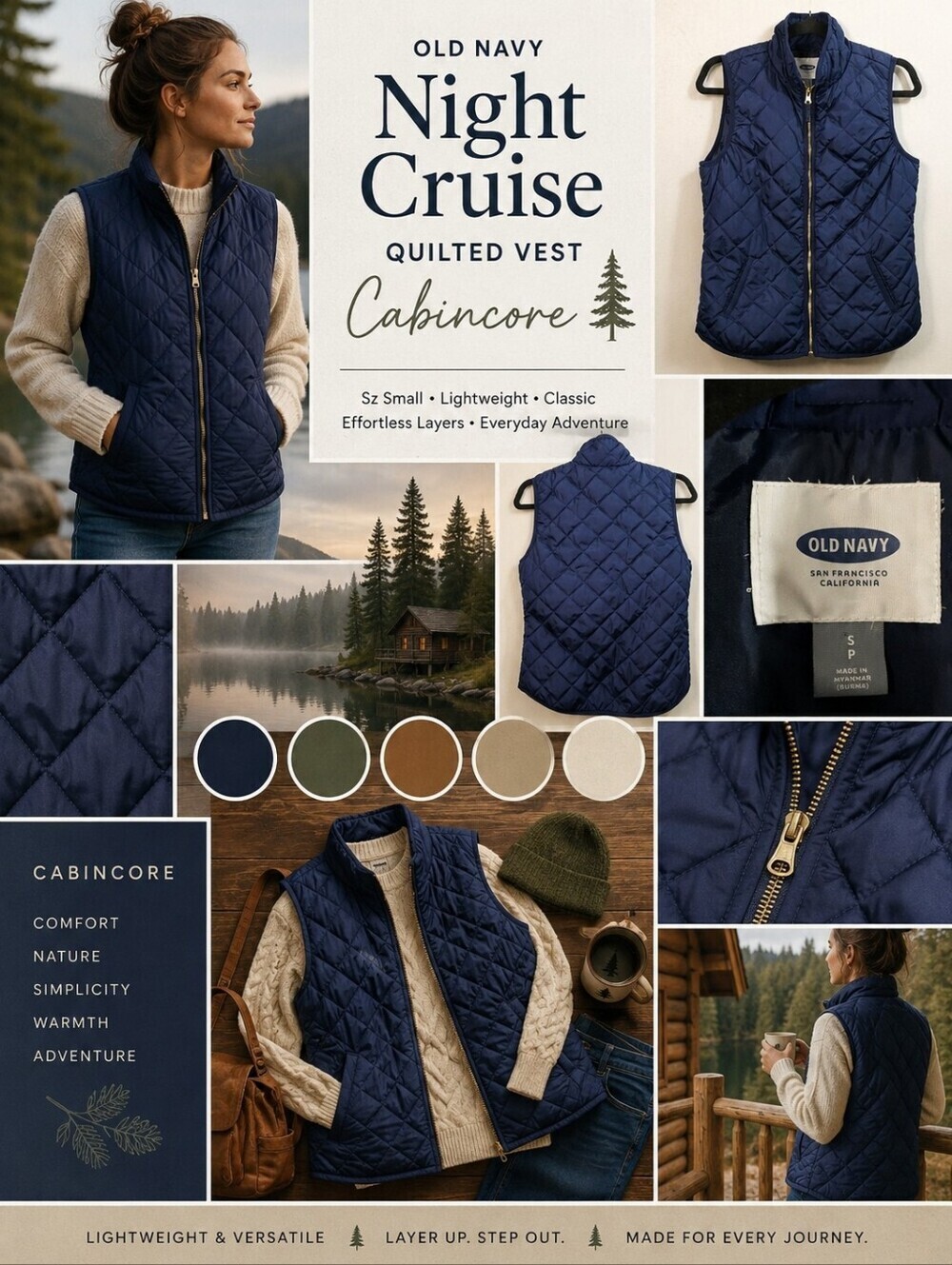 Old Navy Night Cruise Quilted Vest – Sz Small – Navy Cabincore Puffer Layer